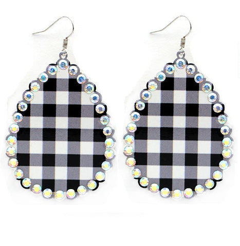 Black and White plaid teardrop earrings with bling trim
