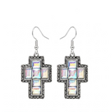 Western Square Glass Stone Cross Earrings