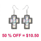Western Square Glass Stone Cross Earrings