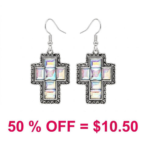 Western Square Glass Stone Cross Earrings