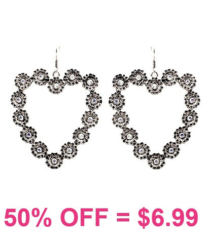 Silver heart outline earrings with bling