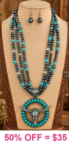 Steer pendant necklace with Silver & Turquoise beads