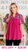 Magenta top with printed floral bubble sleeves