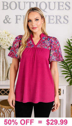 Magenta top with floral bubble sleeves