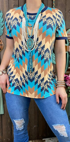 Turquoise, Tan & Blue Tribal short sleeve top