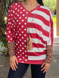 Red & White polka dot, Striped, dolman top with leopard sleeves