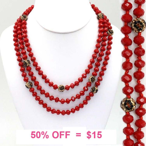 Red & Leopard Crystal Beaded 60" Layering Necklace