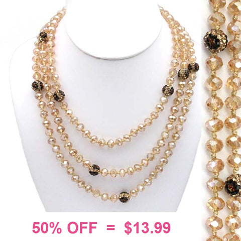 Clear Cream Crystal & Leopard Bling Beaded 60" Layering Necklace
