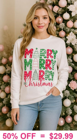 2X, 3X MERRY Christmas white long sleeve top