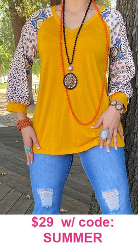 Mustard Top with Paisley and Leopard Sleeves
