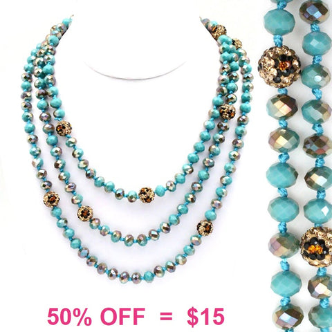 Turquoise  Crystal 60" Layering Necklace with bling leopard beads