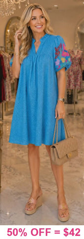 Blue Dress with embroidery puff sleeves