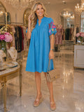 Blue Dress with embroidery puff sleeves