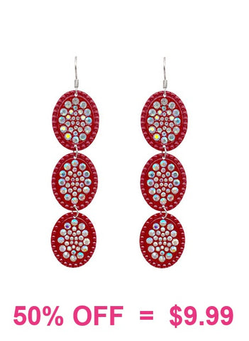 Red triple bling oval dangle earrings