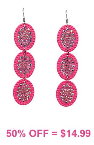 Neon Pink Triple Bling Oval Dangle Earrings