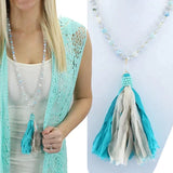 Frosted Beaded necklace with Blue fabric tassel