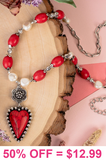 Red stone, pearl beaded necklace with heart pendant