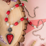 Red stone, pearl beaded necklace with heart pendant