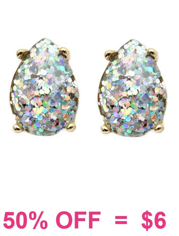Silver AB Glitter teardrop stud earrings