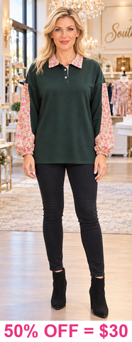 Forest Green & Floral long sleeve top