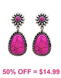 Western Post Earrings with Silver Border & Pink Stone