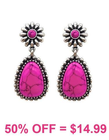 Western Post Earrings with Silver Border & Pink Stone