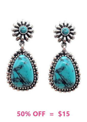Western Drop Post Earrings with Silver Border & Turquoise Stone