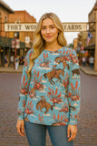Baby Blue Western print long sleeve top