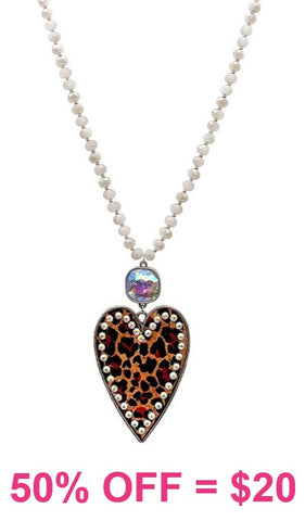 White Crystal Necklace with leopard bling heart