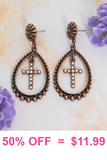 Copper teardrop earrings with cream dangle cross