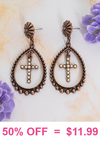 Copper teardrop earrings with cream dangle cross