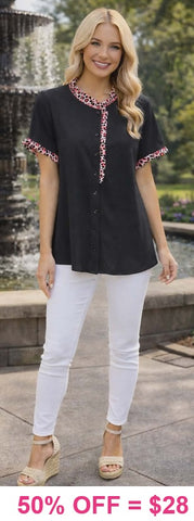 Black top with pink leopard ruffle trim