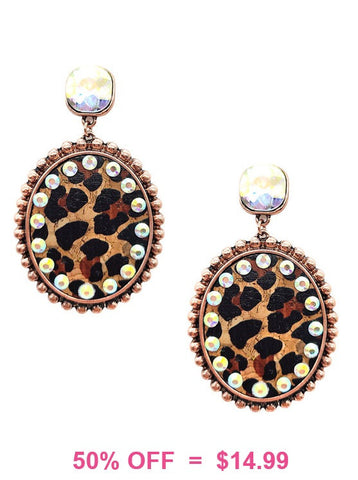 Leopard Oval with Rhinestone & Copper trim earrings