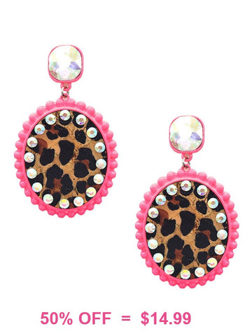 Leopard Oval with Rhinestone & Neon Pink trim earrings