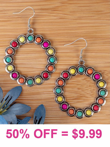 Multi color stone round silver earrings