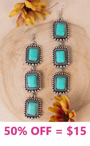 Turquoise Square stone triple concho dangle earrings
