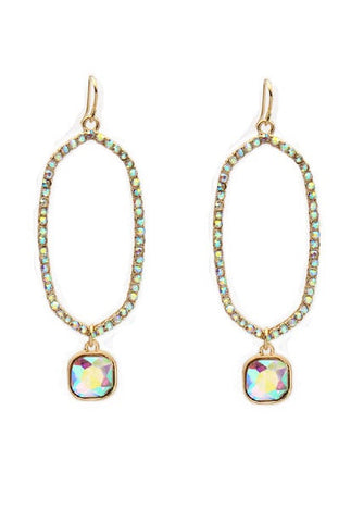 AB Bling GOLD Oval Outline Earrings with Dangle Rhinestone Charm