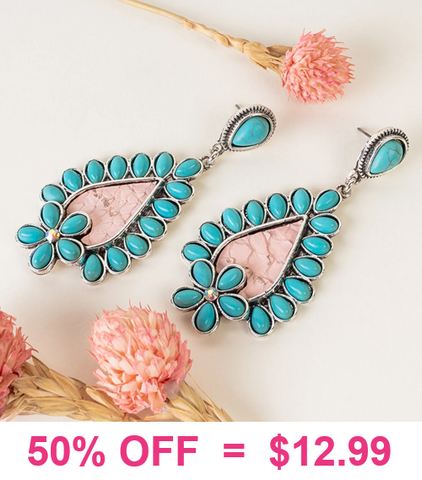 Turquoise stone, silver tone, blush detail earrings