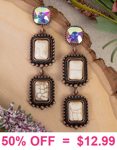 Cream square stone, copper tone, bling detail earrings