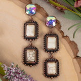 Cream square stone, copper tone, bling detail earrings