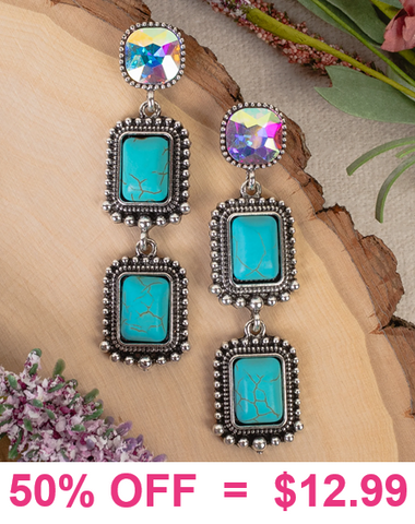 Turquoise square stone, silver tone, bling detail earrings
