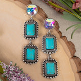Turquoise square stone, silver tone, bling detail earrings