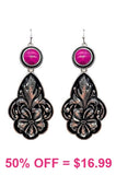 Floral Etching Dangle Concho Earrings with pink stone