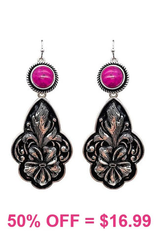 Floral Etching Dangle Concho Earrings with pink stone