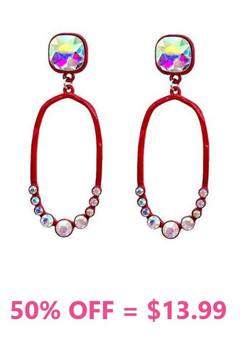 Red Thin Oval Outline Earrings with AB Rhinestone Stud