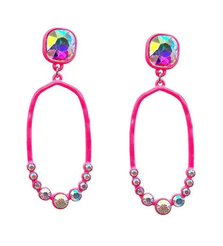 Neon Pink Thin Oval Outline Earrings with AB Rhinestone Stud