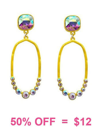 Yellow Thin Oval Outline Earrings with AB Rhinestone Stud