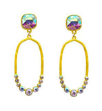Yellow Thin Oval Outline Earrings with AB Rhinestone Stud
