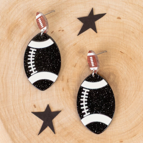Black acrylic glitter football earrings