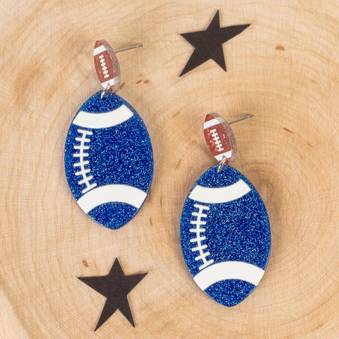 Blue acrylic glitter football earrings